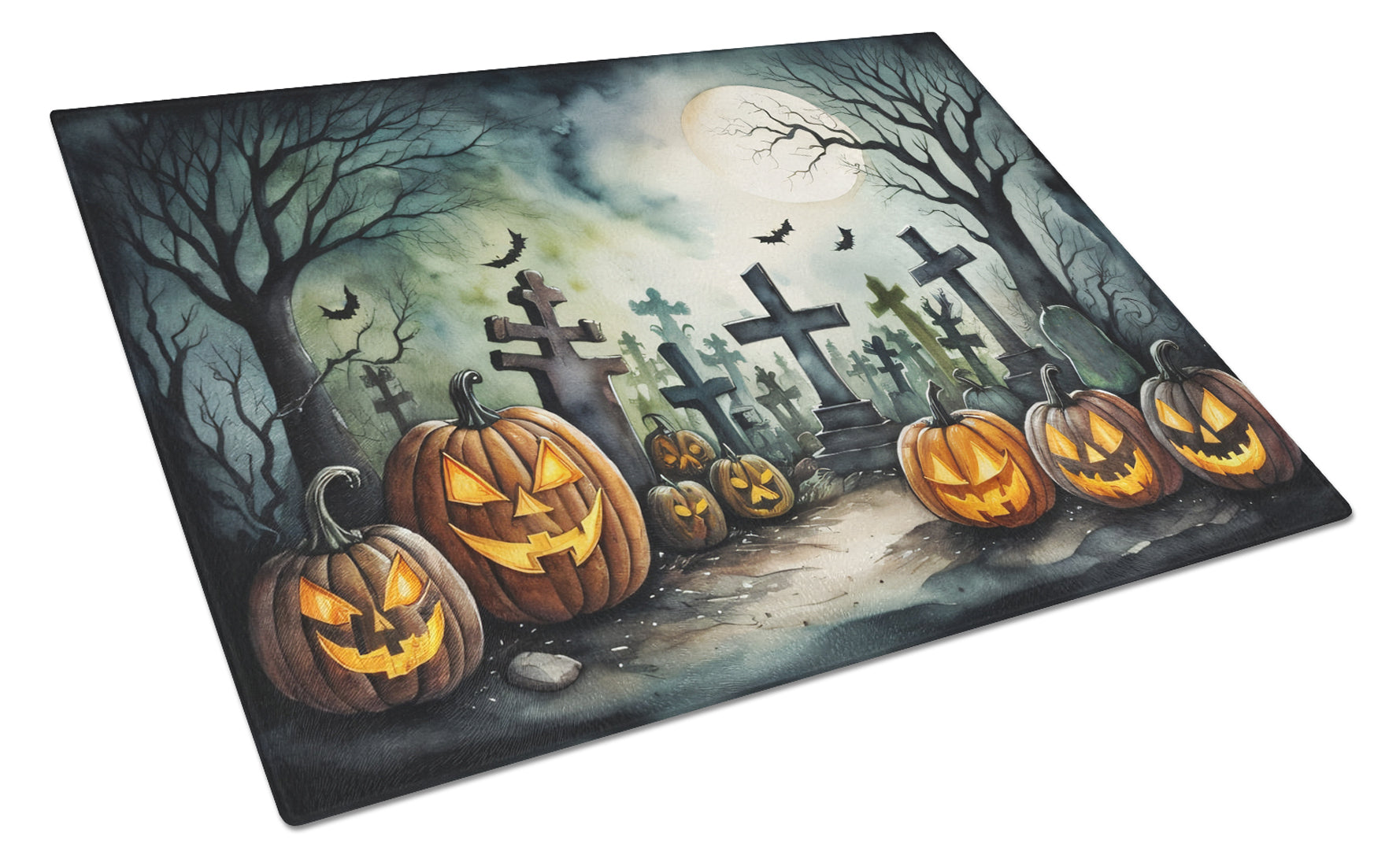 Graveyard Spooky Halloween Cutting Board Tempered Glass Kitchen Cutting Surface, Heat Resistant Chopping, Non-Slip Feet, Food Prep & Serving