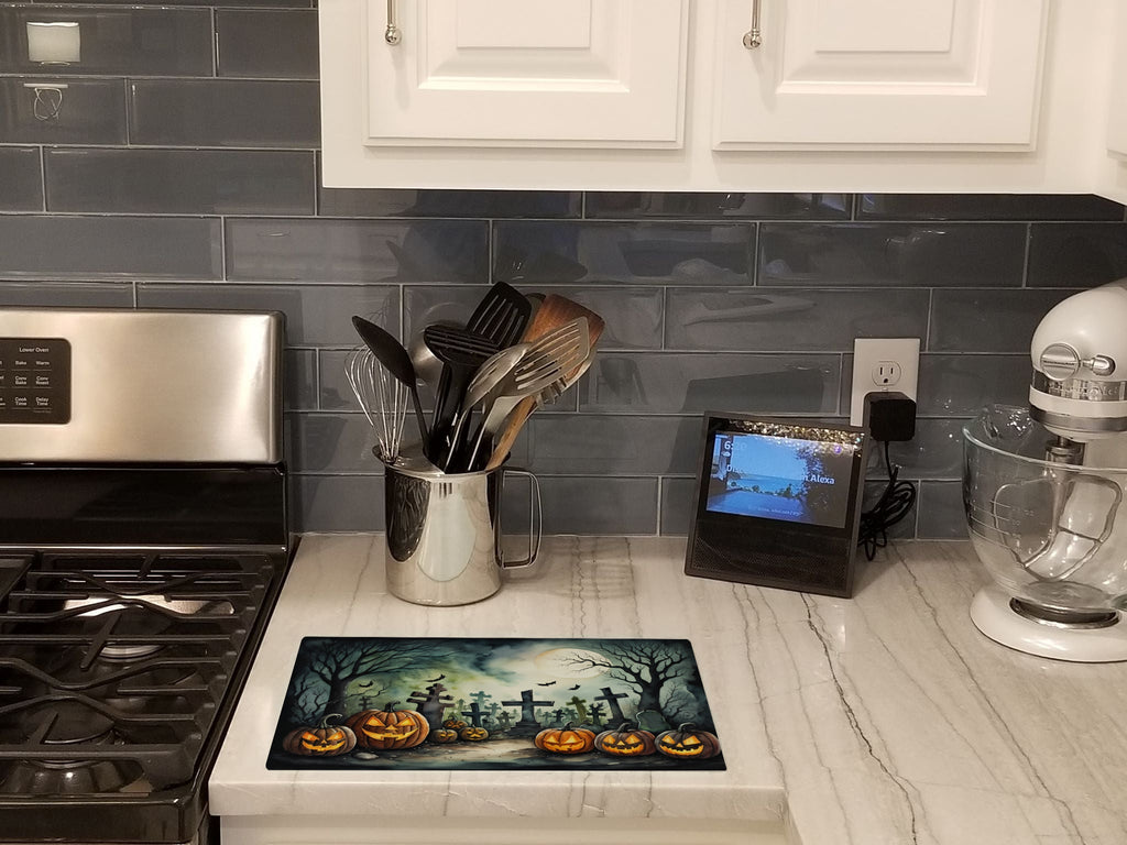 Graveyard Spooky Halloween Cutting Board Tempered Glass Kitchen Cutting Surface, Heat Resistant Chopping, Non-Slip Feet, Food Prep & Serving
