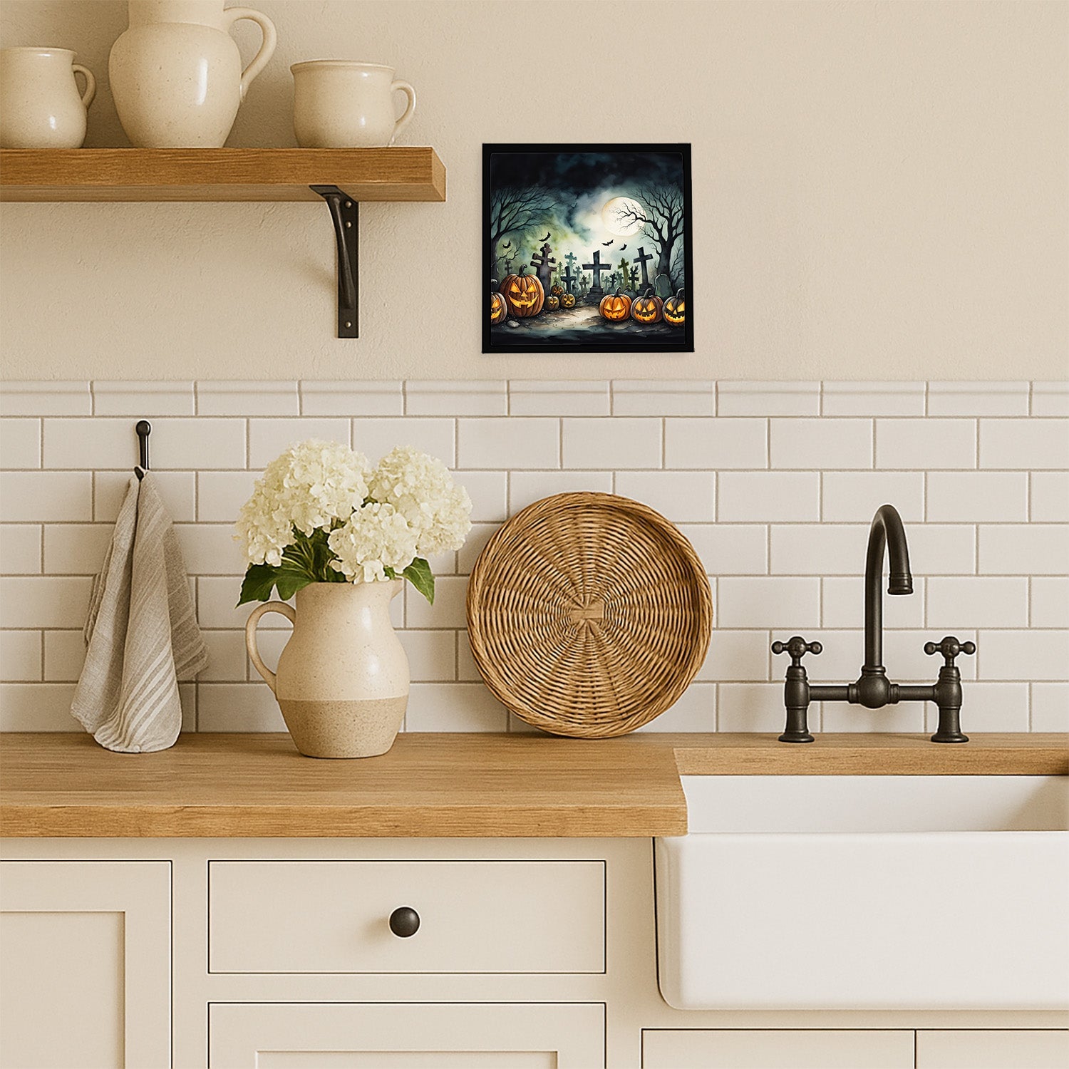 Graveyard Spooky Halloween Framed Metal Print Bathroom, Kitchen, Office, Home Decor Wall Art Ready to Hang, Square, 8X8
