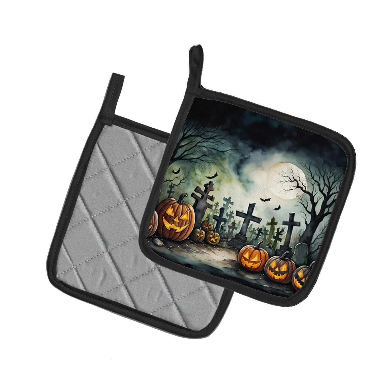 Graveyard Spooky Halloween Pot Holder Set of 2 Heat Resistant Quilted Hot Pads 7.5 x 7.5 Inch, Insulated Kitchen Trivets for Cooking & Baking