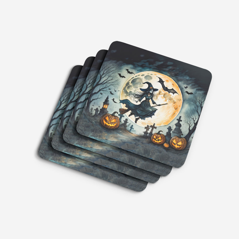 Flying Witch Spooky Halloween Foam Coasters Set of 4 Cup Coasters for Indoor Outdoor, Tabletop Protection, Anti Slip, Mouse pad Material