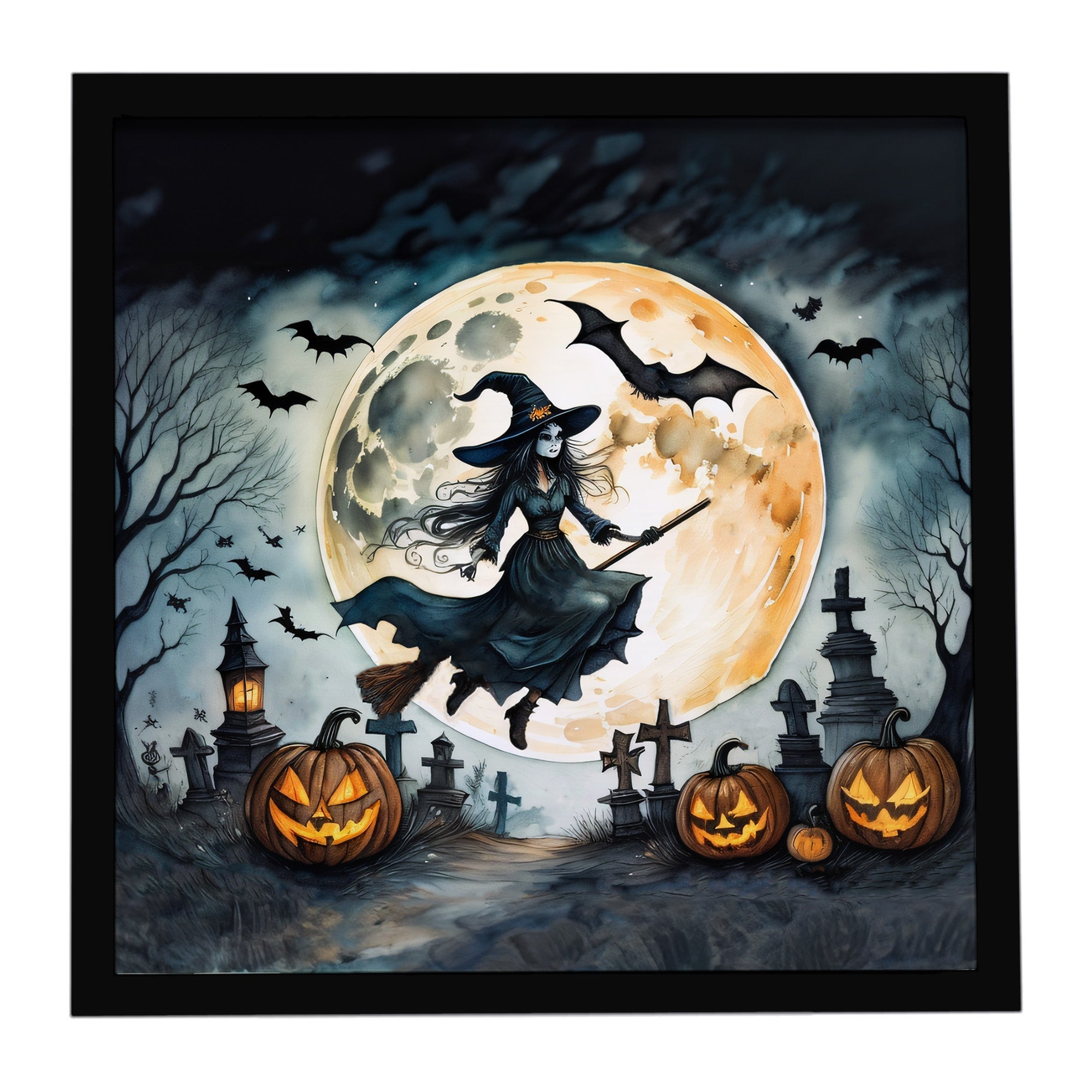 Flying Witch Spooky Halloween Framed Metal Print Bathroom, Kitchen, Office, Home Decor Wall Art Ready to Hang, Square, 8X8