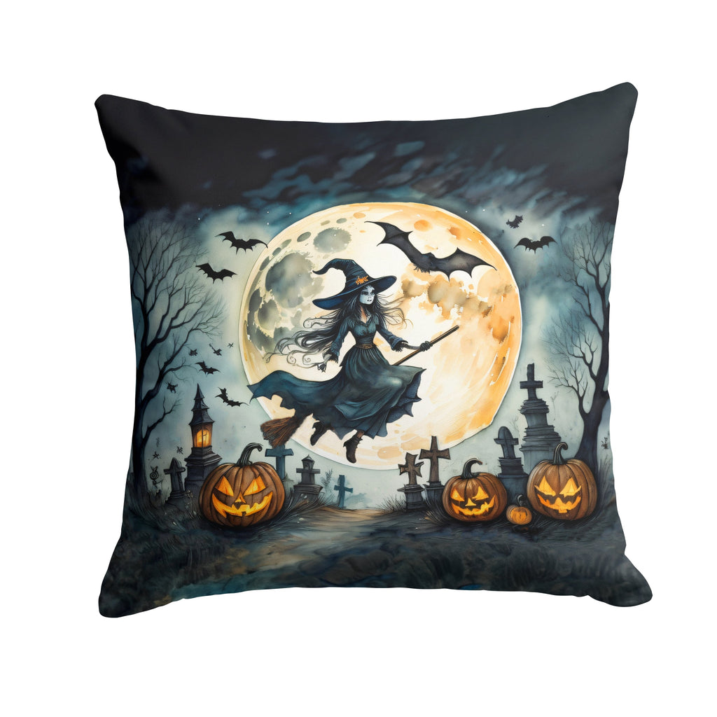 Flying Witch Spooky Halloween Decorative Throw Pillow 14x14 Indoor Outdoor Accent Cushion, Fabric Cover with Insert for Sofa, Bed, Porch & Living Room
