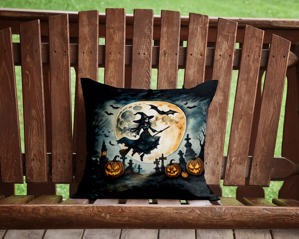 Flying Witch Spooky Halloween Decorative Throw Pillow 14x14 Indoor Outdoor Accent Cushion, Fabric Cover with Insert for Sofa, Bed, Porch & Living Room