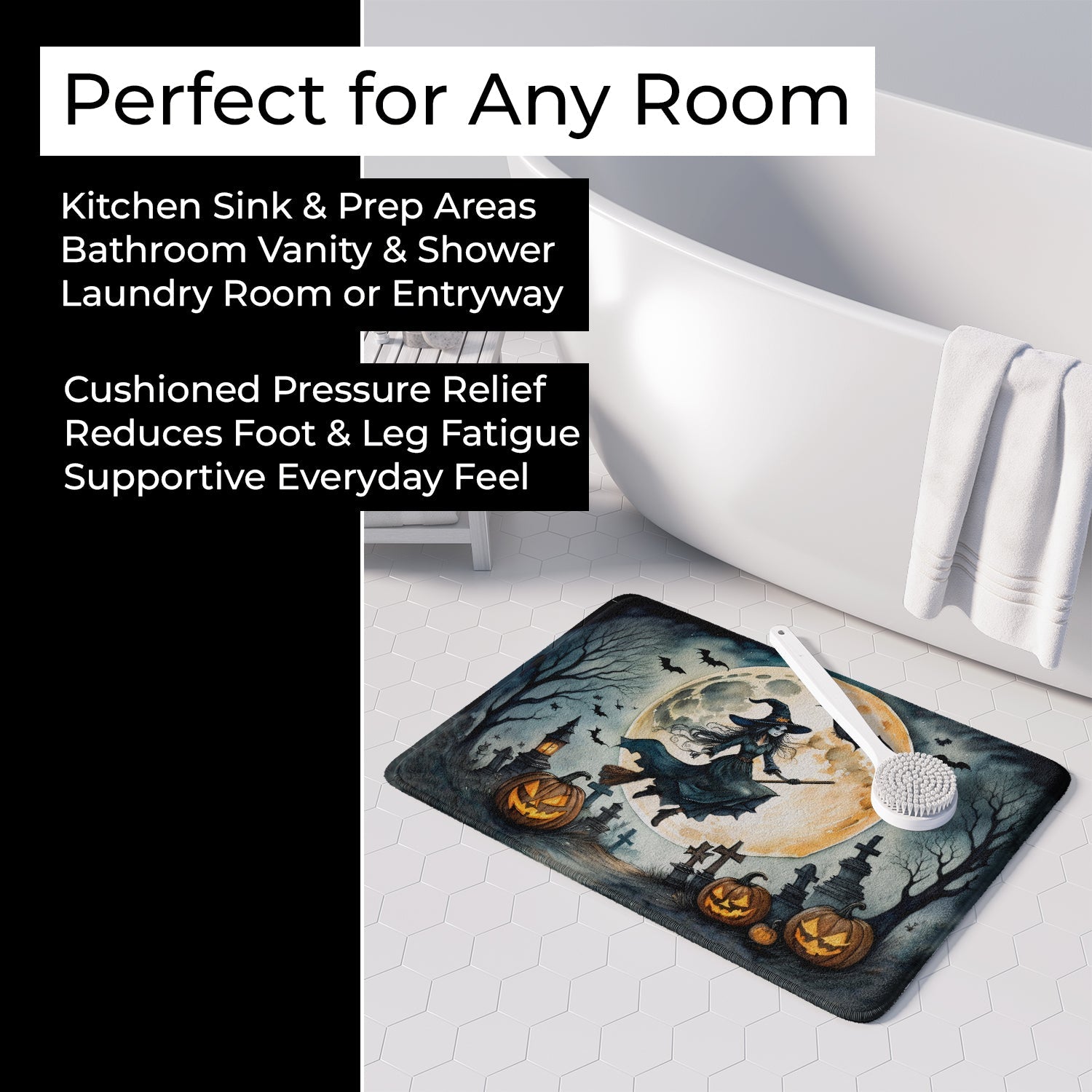 Flying Witch Spooky Halloween Memory Foam Kitchen Mat Machine Washable Anti-Fatigue Cushion Comfort Bath or Kitchen Rug
