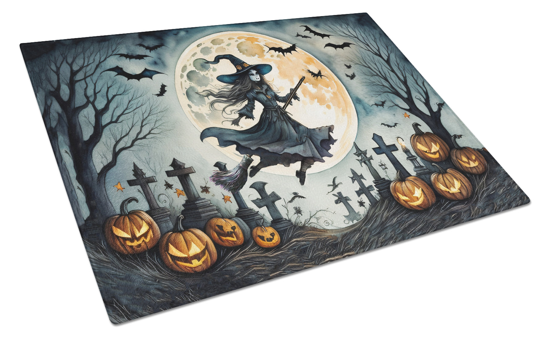Flying Witch Spooky Halloween Cutting Board Tempered Glass Kitchen Cutting Surface, Heat Resistant Chopping, Non-Slip Feet, Food Prep & Serving