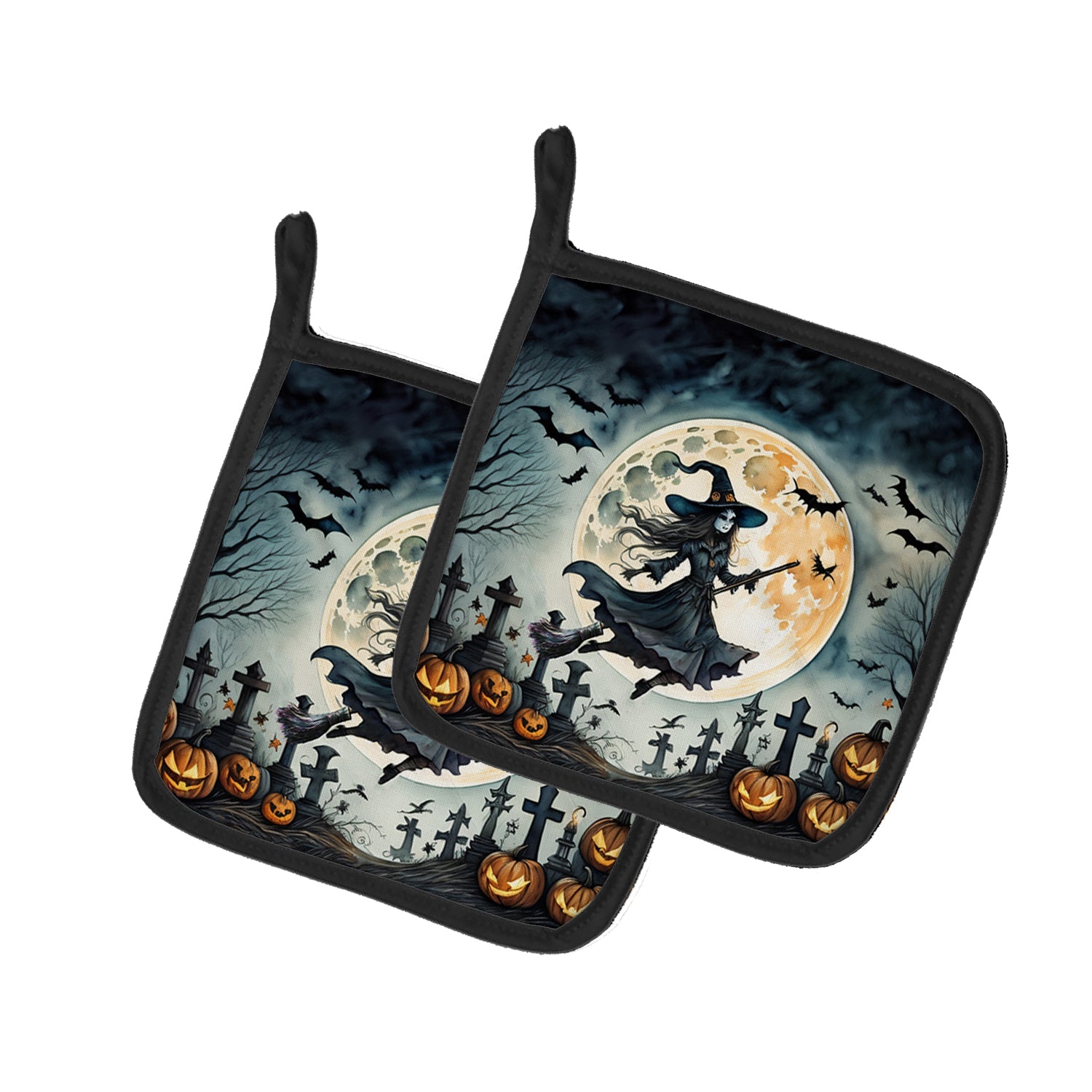 Flying Witch Spooky Halloween Pot Holder Set of 2 Heat Resistant Quilted Hot Pads 7.5 x 7.5 Inch, Insulated Kitchen Trivets for Cooking & Baking
