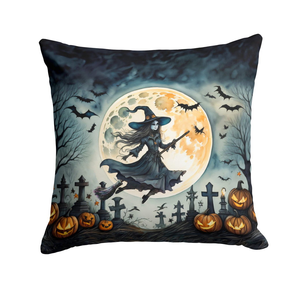 Flying Witch Spooky Halloween Decorative Throw Pillow 14x14 Indoor Outdoor Accent Cushion, Fabric Cover with Insert for Sofa, Bed, Porch & Living Room