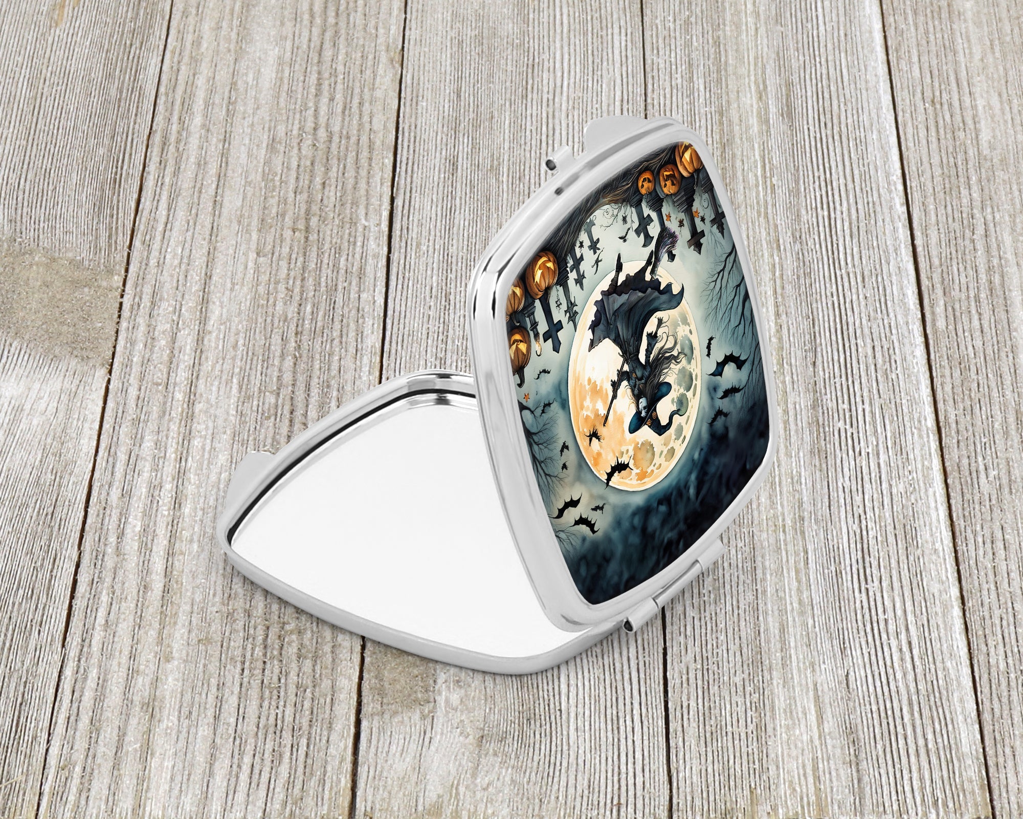 Flying Witch Spooky Halloween Compact Mirror Decorative Travel Makeup Mirror for Women Girls Gifts Pocket Makeup Mirror Folding Handheld