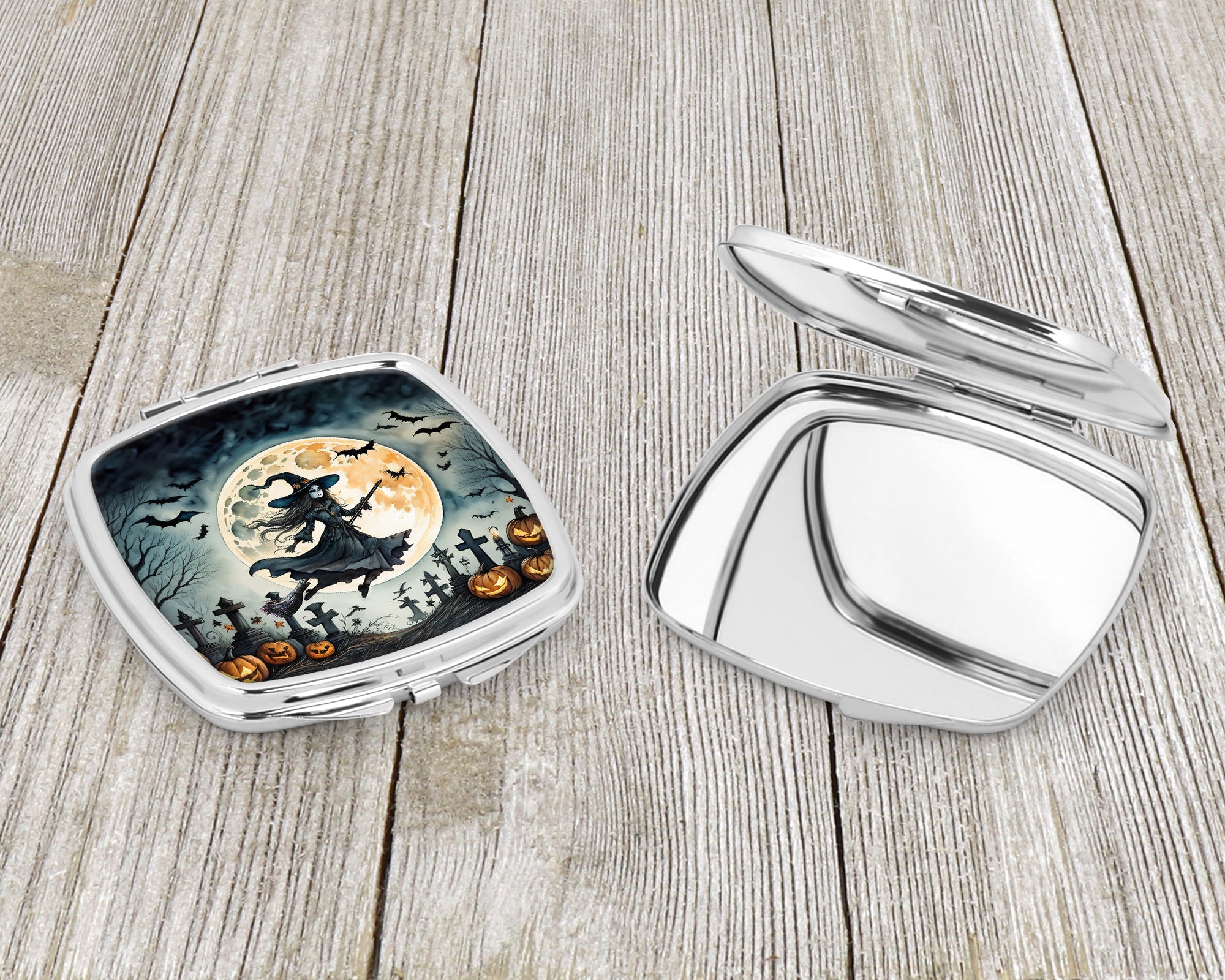 Flying Witch Spooky Halloween Compact Mirror Decorative Travel Makeup Mirror for Women Girls Gifts Pocket Makeup Mirror Folding Handheld