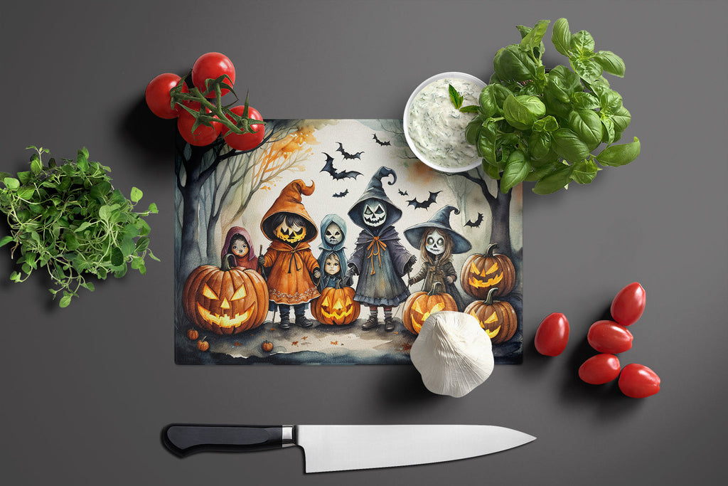 Trick or Treaters Spooky Halloween Cutting Board Tempered Glass Kitchen Cutting Surface, Heat Resistant Chopping, Non-Slip Feet, Food Prep & Serving