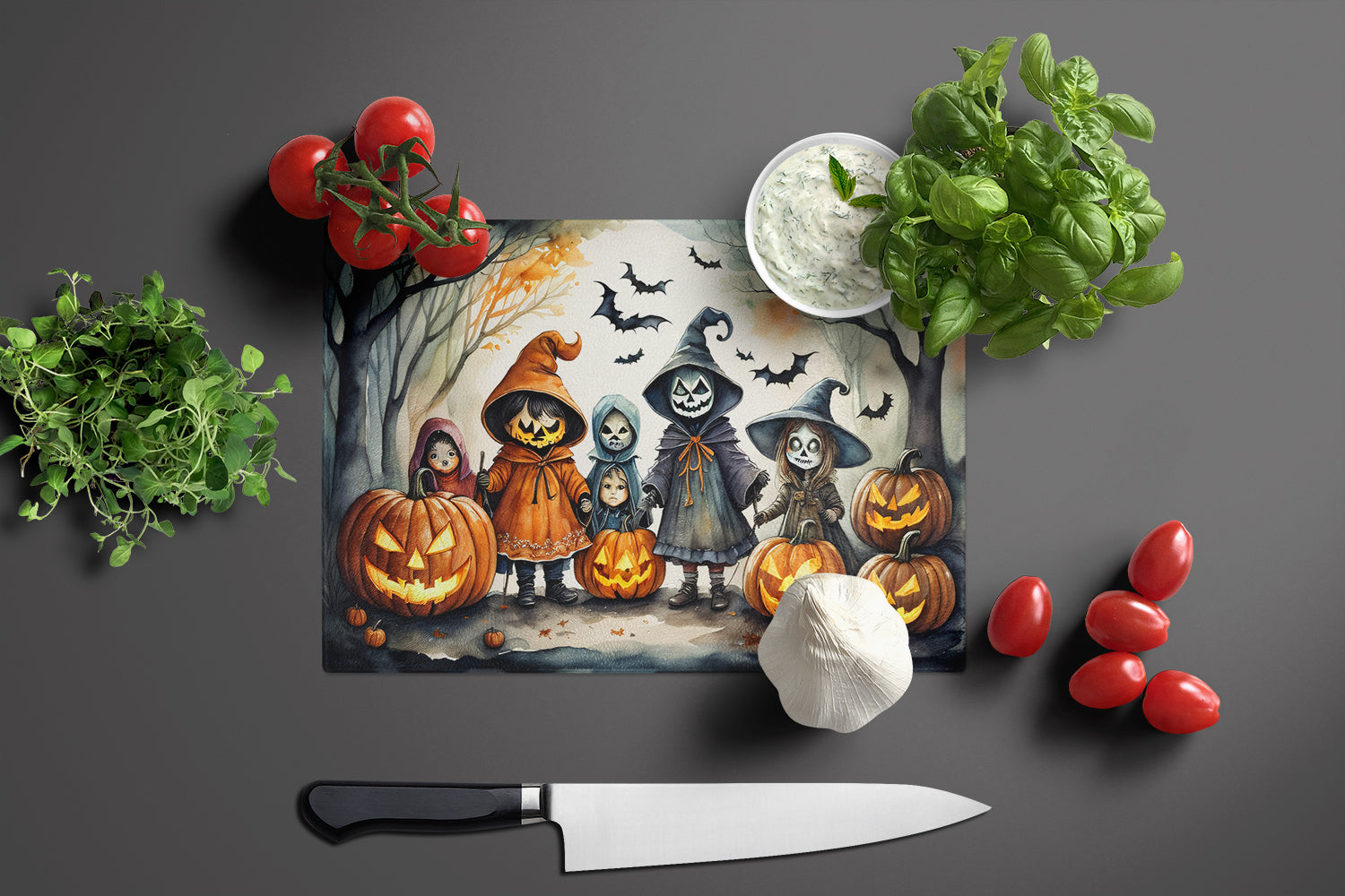 Trick or Treaters Spooky Halloween Cutting Board Tempered Glass Kitchen Cutting Surface, Heat Resistant Chopping, Non-Slip Feet, Food Prep & Serving