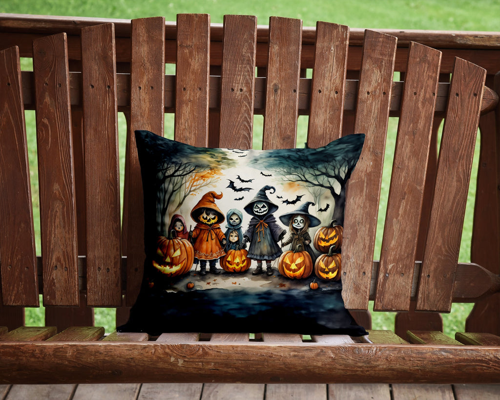 Trick or Treaters Spooky Halloween Decorative Throw Pillow 14x14 Indoor Outdoor Accent Cushion, Fabric Cover with Insert for Sofa, Bed, Porch & Living Room