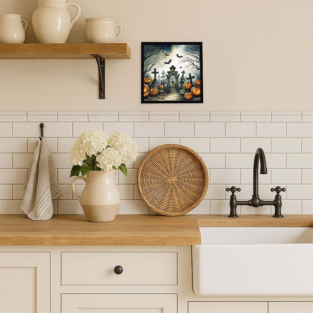 Graveyard Spooky Halloween Framed Metal Print Bathroom, Kitchen, Office, Home Decor Wall Art Ready to Hang, Square, 8X8
