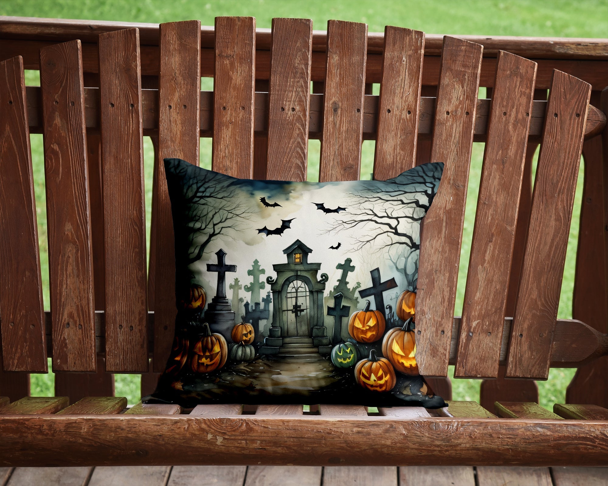 Graveyard Spooky Halloween Decorative Throw Pillow 14x14 Indoor Outdoor Accent Cushion, Fabric Cover with Insert for Sofa, Bed, Porch & Living Room