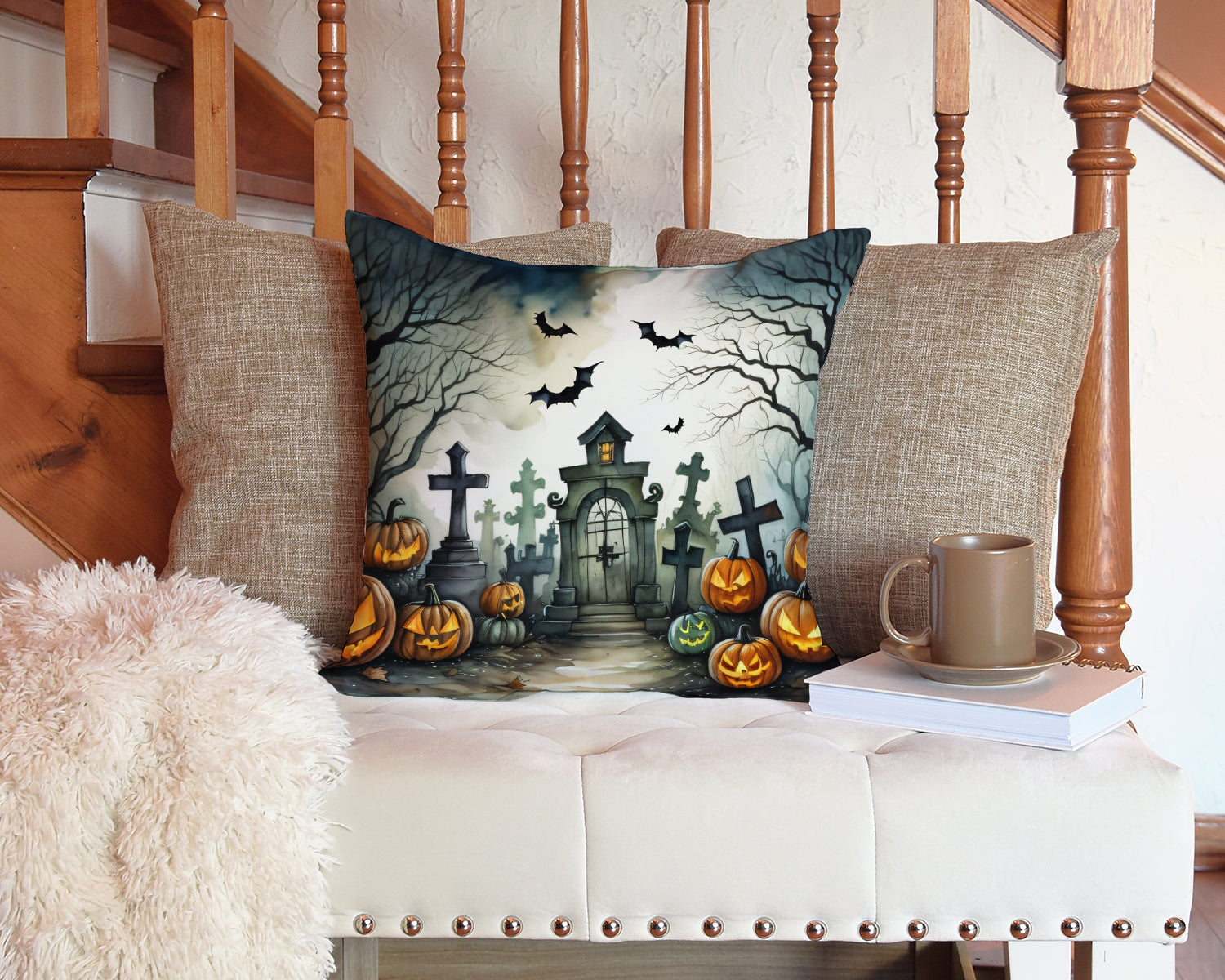 Graveyard Spooky Halloween Decorative Throw Pillow 14x14 Indoor Outdoor Accent Cushion, Fabric Cover with Insert for Sofa, Bed, Porch & Living Room