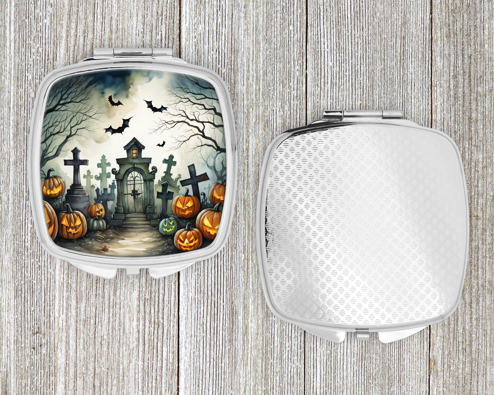 Graveyard Spooky Halloween Compact Mirror Decorative Travel Makeup Mirror for Women Girls Gifts Pocket Makeup Mirror Folding Handheld