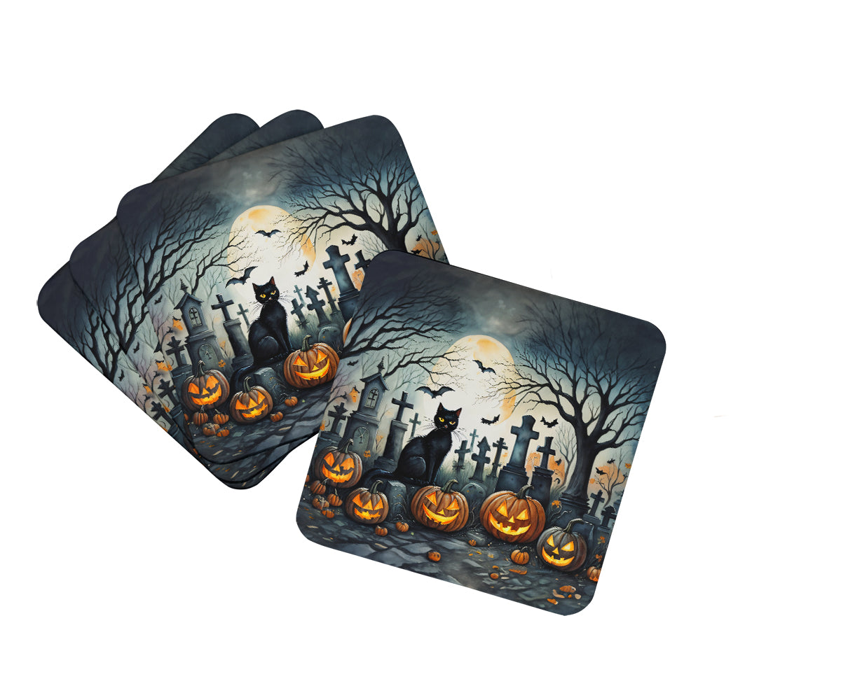 Black Cat Spooky Halloween Foam Coasters Set of 4 Cup Coasters for Indoor Outdoor, Tabletop Protection, Anti Slip, Mouse pad Material