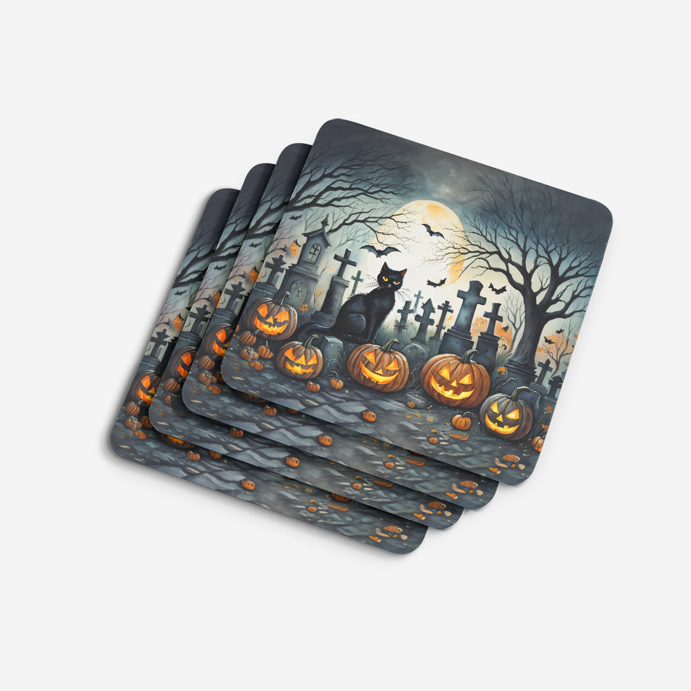 Black Cat Spooky Halloween Foam Coasters Set of 4 Cup Coasters for Indoor Outdoor, Tabletop Protection, Anti Slip, Mouse pad Material