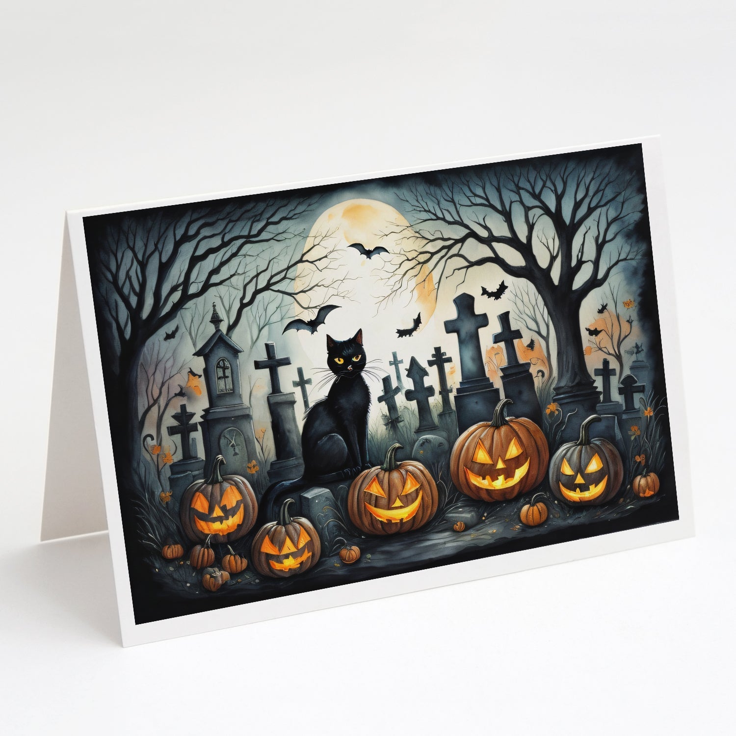Black Cat Spooky Halloween Greeting Cards Pack of 8 Blank Cards with Envelopes Whimsical A7 Size 5x7