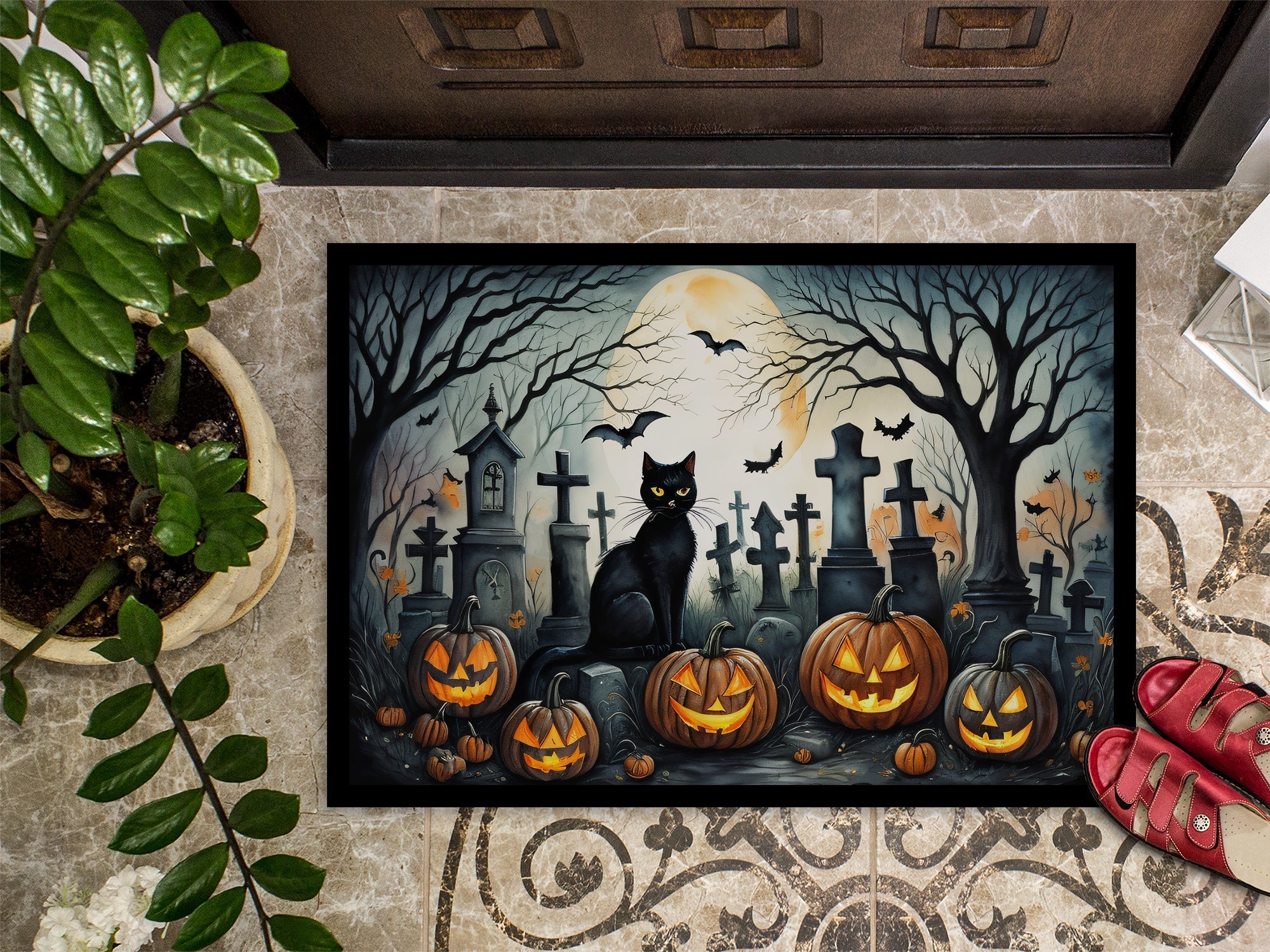 Black Cat Spooky Halloween Doormat Indoor Outdoor 18H X 27W Front Door Mat Rugs for Entryway, Non Slip Washable