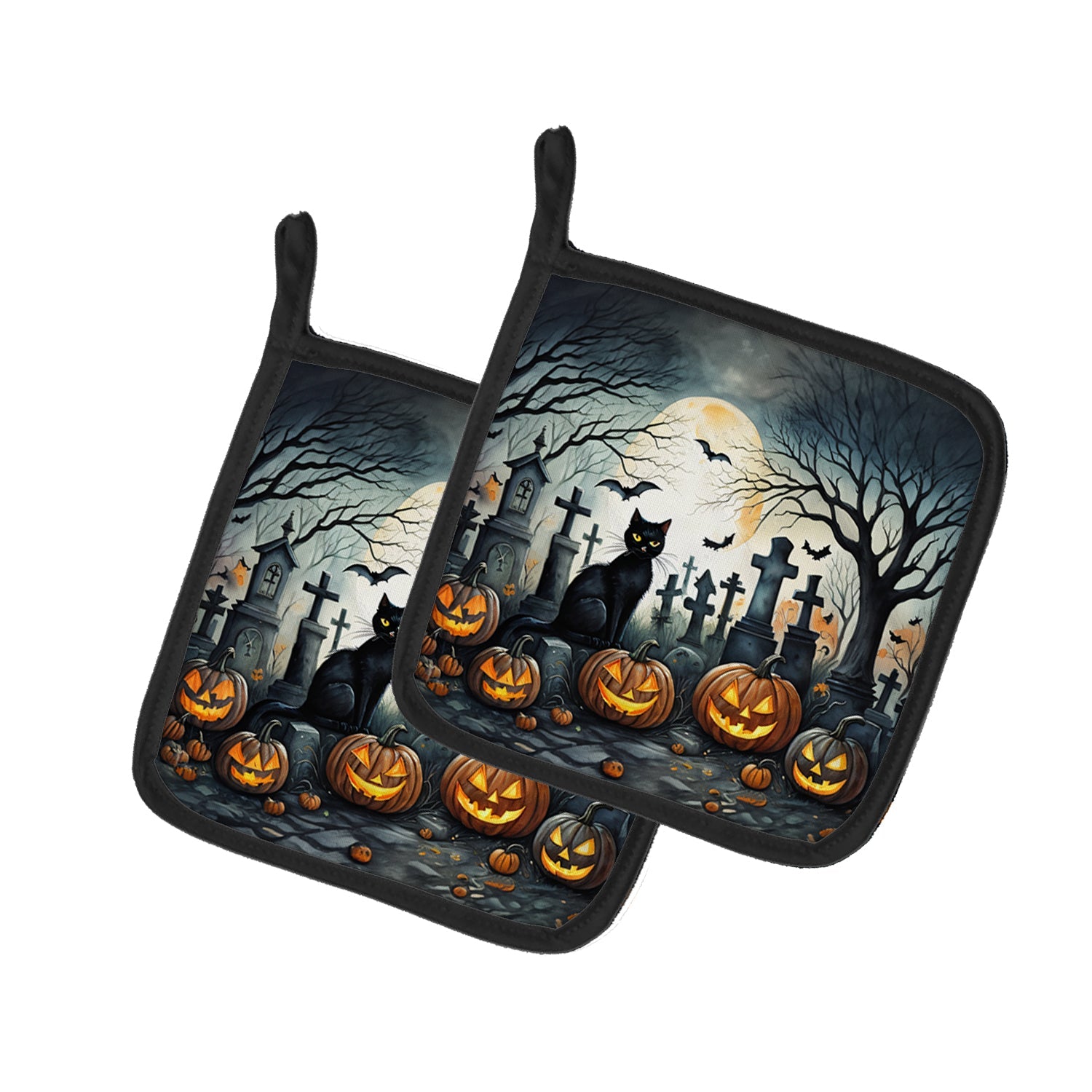 Black Cat Spooky Halloween Pot Holder Set of 2 Heat Resistant Quilted Hot Pads 7.5 x 7.5 Inch, Insulated Kitchen Trivets for Cooking & Baking