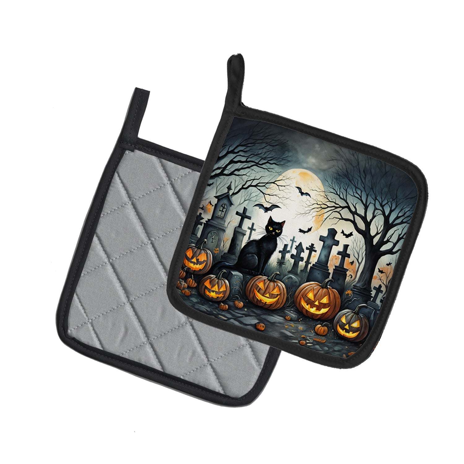 Black Cat Spooky Halloween Pot Holder Set of 2 Heat Resistant Quilted Hot Pads 7.5 x 7.5 Inch, Insulated Kitchen Trivets for Cooking & Baking