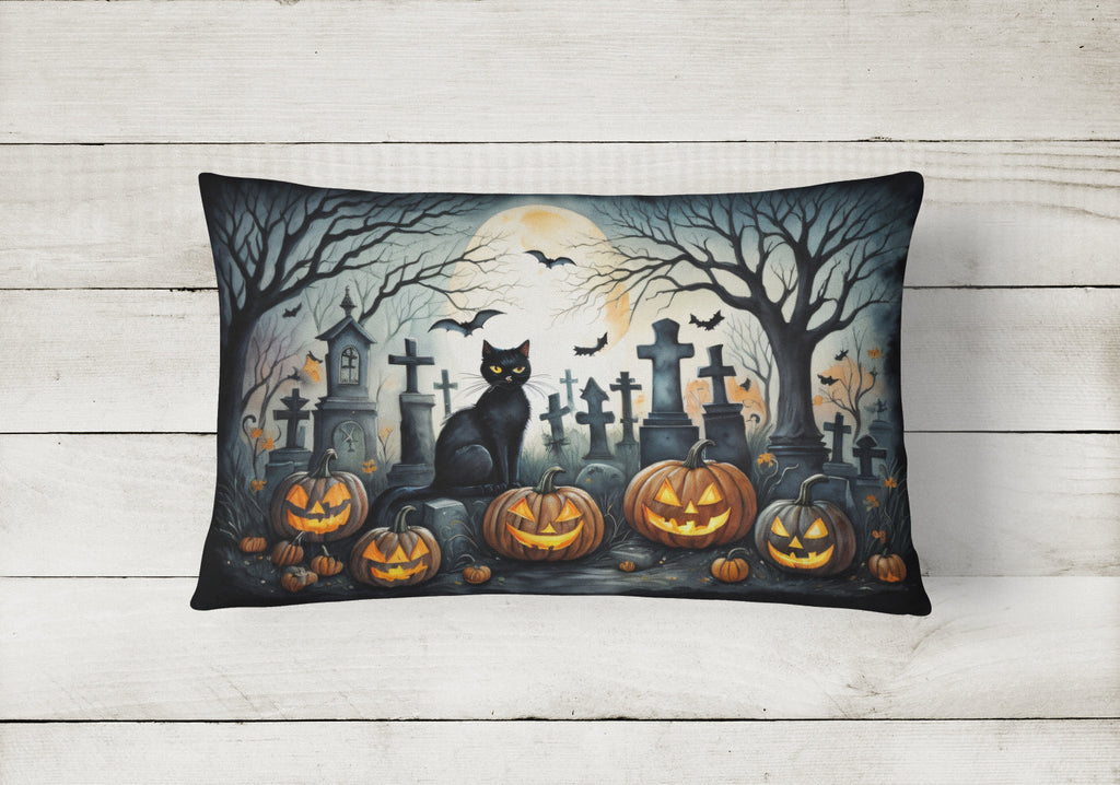 Black Cat Spooky Halloween Decorative Throw Pillow 12x16 Indoor Outdoor Accent Cushion, Fabric Cover with Insert for Sofa, Bed, Porch & Living Room