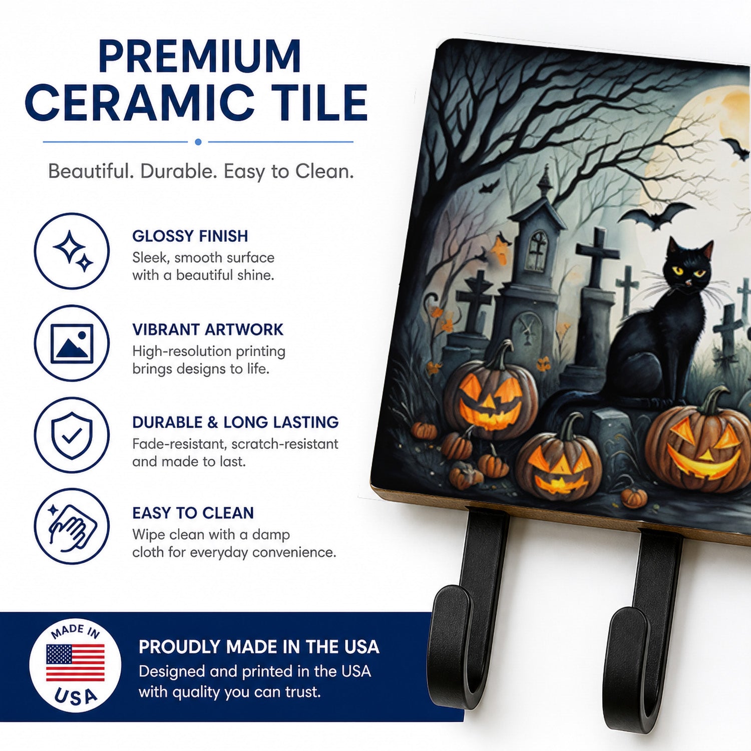Black Cat Spooky Halloween Leash or Key Holder Wall Hooks, Coat Rack Wall Mount, for Hanging Keys, Towels, Aprons, Leashes