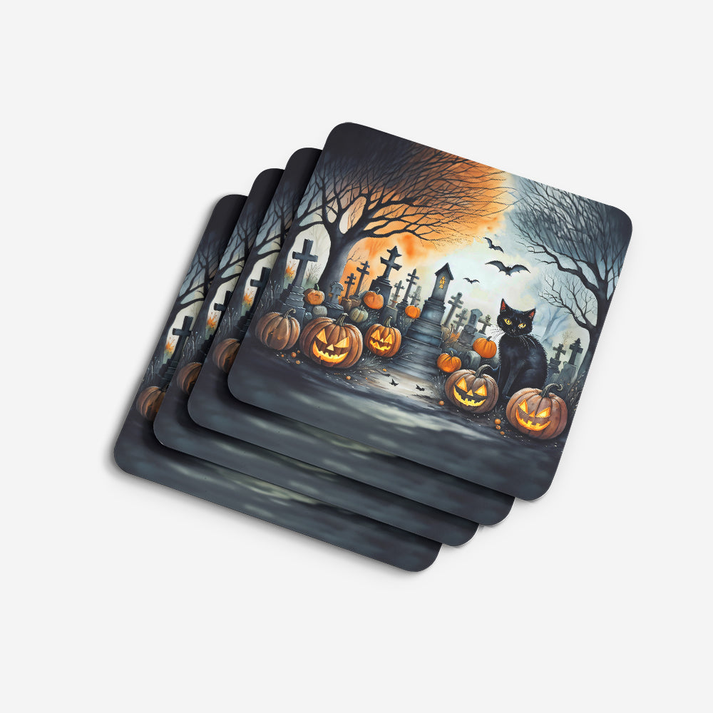 Black Cat Spooky Halloween Foam Coasters Set of 4 Cup Coasters for Indoor Outdoor, Tabletop Protection, Anti Slip, Mouse pad Material