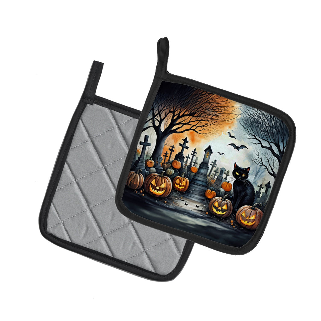 Black Cat Spooky Halloween Pot Holder Set of 2 Heat Resistant Quilted Hot Pads 7.5 x 7.5 Inch, Insulated Kitchen Trivets for Cooking & Baking