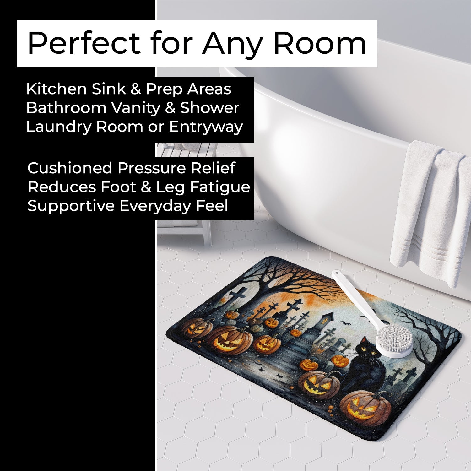 Black Cat Spooky Halloween Memory Foam Kitchen Mat Machine Washable Anti-Fatigue Cushion Comfort Bath or Kitchen Rug