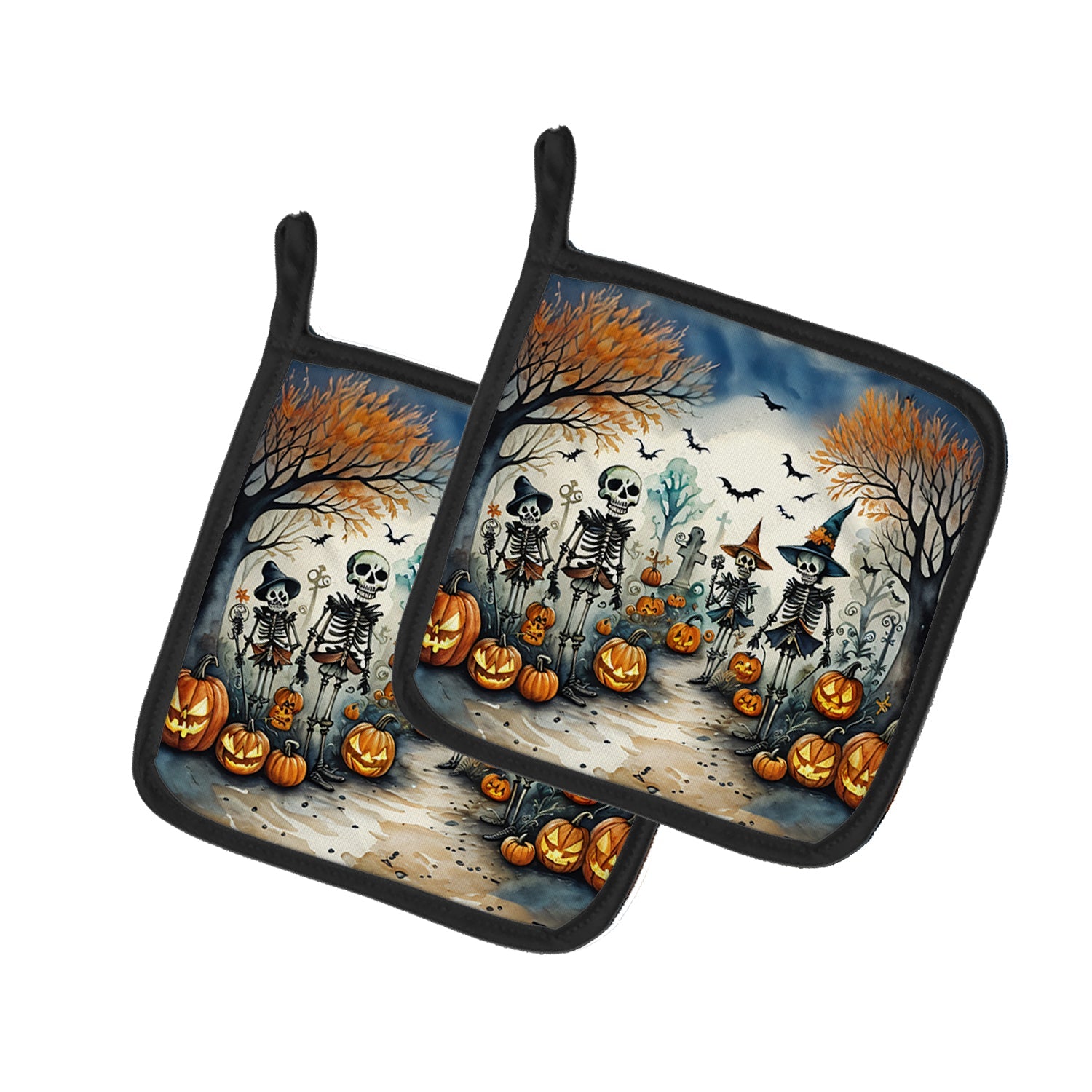 Calacas Skeletons Spooky Halloween Pot Holder Set of 2 Heat Resistant Quilted Hot Pads 7.5 x 7.5 Inch, Insulated Kitchen Trivets for Cooking & Baking