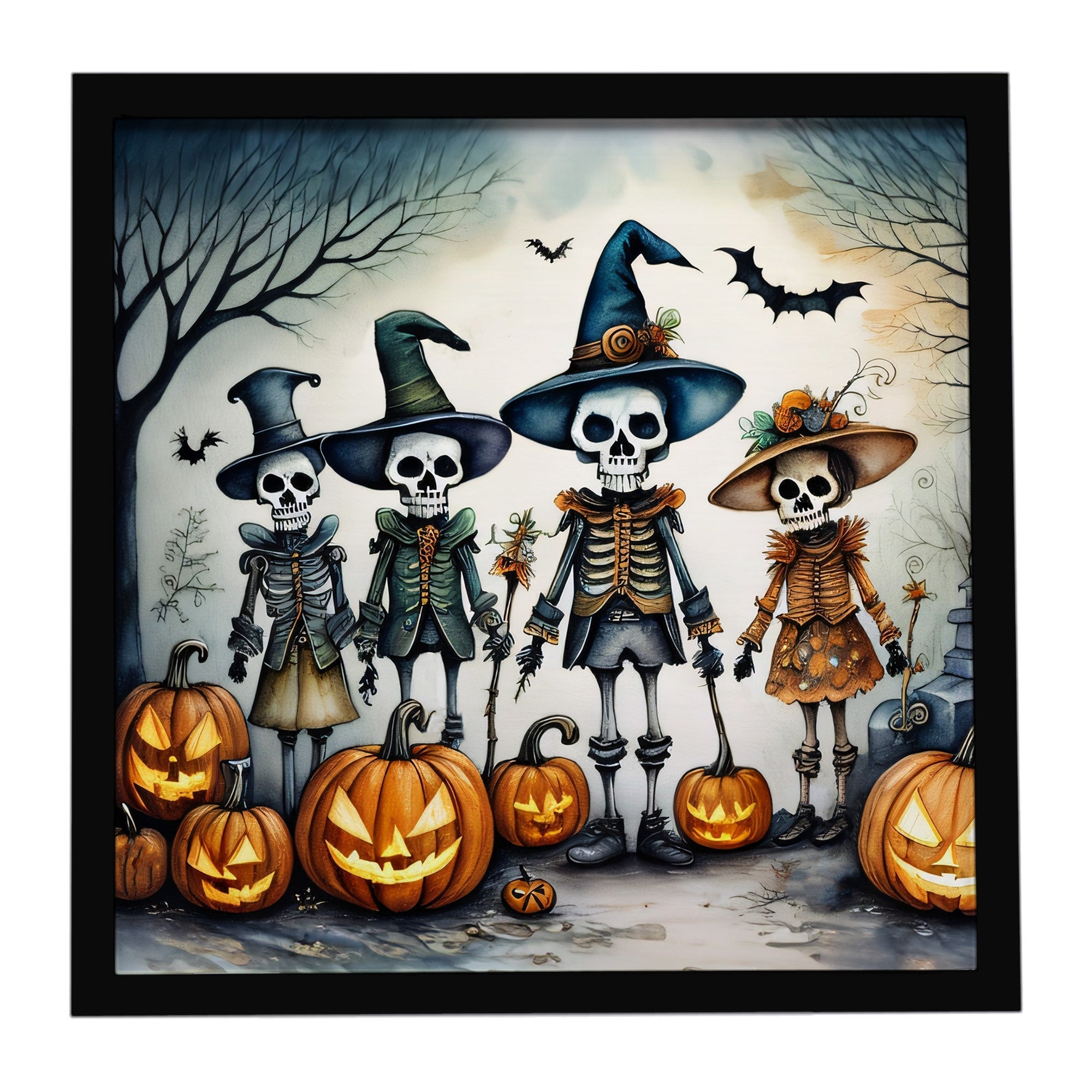 Calacas Skeletons Spooky Halloween Framed Metal Print Bathroom, Kitchen, Office, Home Decor Wall Art Ready to Hang, Square, 8X8