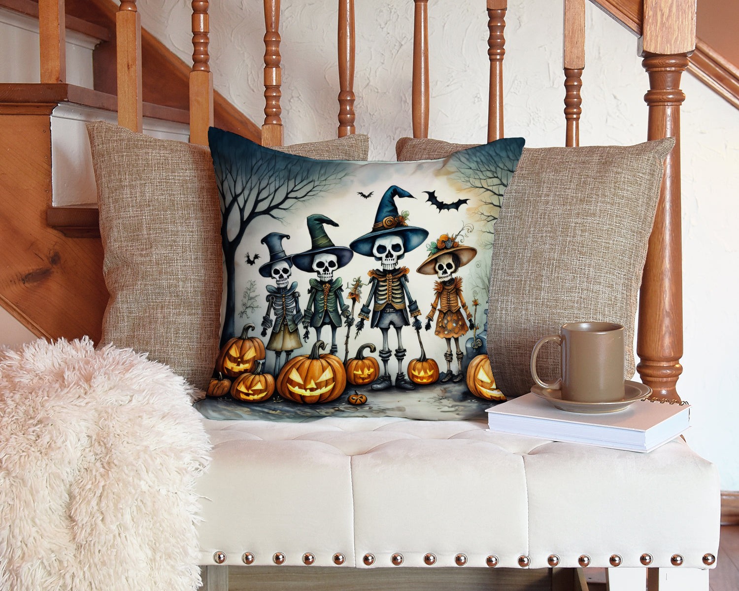 Calacas Skeletons Spooky Halloween Decorative Throw Pillow 14x14 Indoor Outdoor Accent Cushion, Fabric Cover with Insert for Sofa, Bed, Porch & Living Room