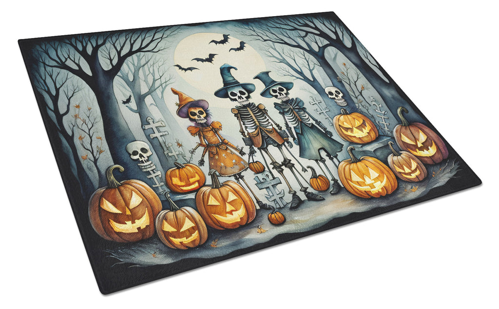 Calacas Skeletons Spooky Halloween Cutting Board Tempered Glass Kitchen Cutting Surface, Heat Resistant Chopping, Non-Slip Feet, Food Prep & Serving