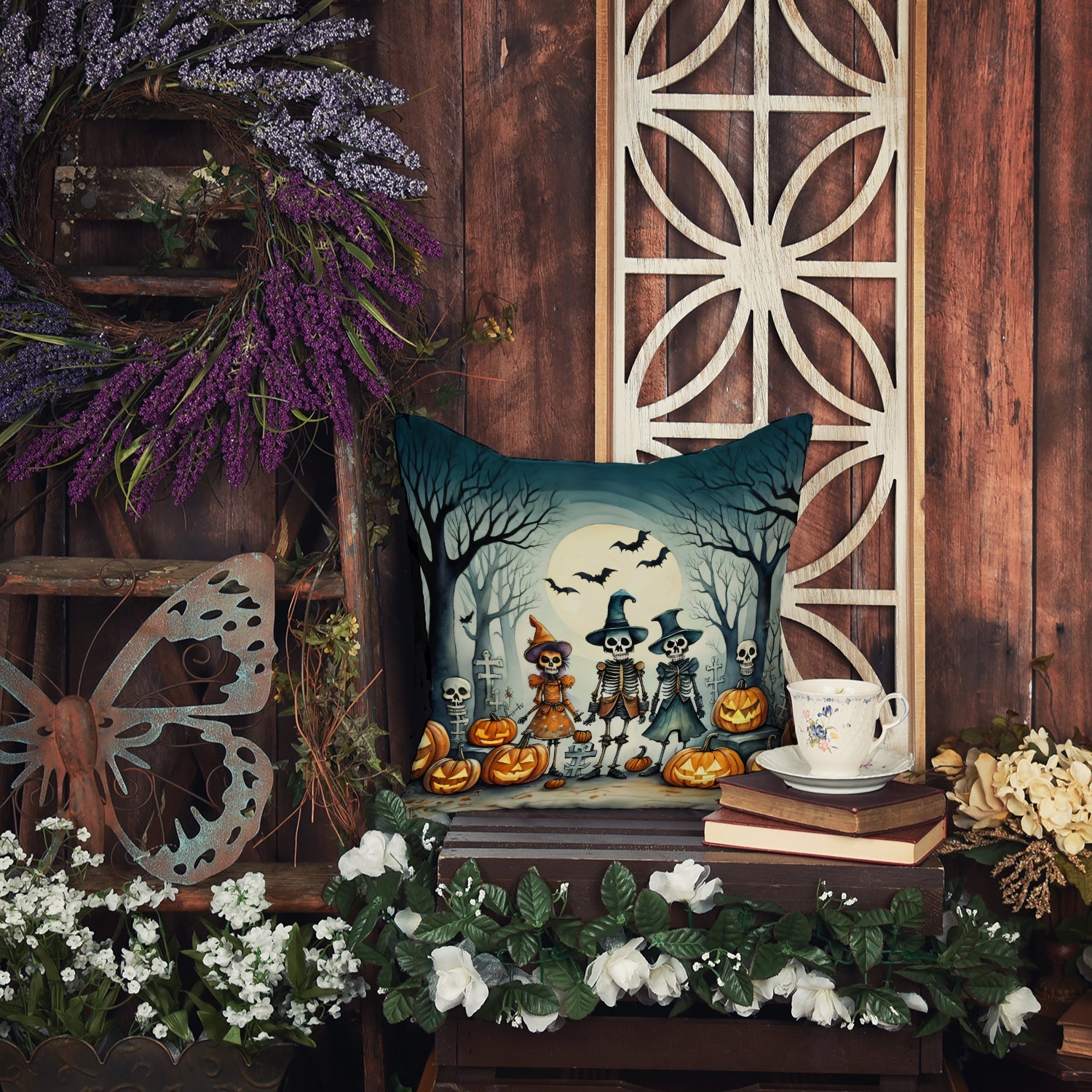 Calacas Skeletons Spooky Halloween Decorative Throw Pillow 14x14 Indoor Outdoor Accent Cushion, Fabric Cover with Insert for Sofa, Bed, Porch & Living Room