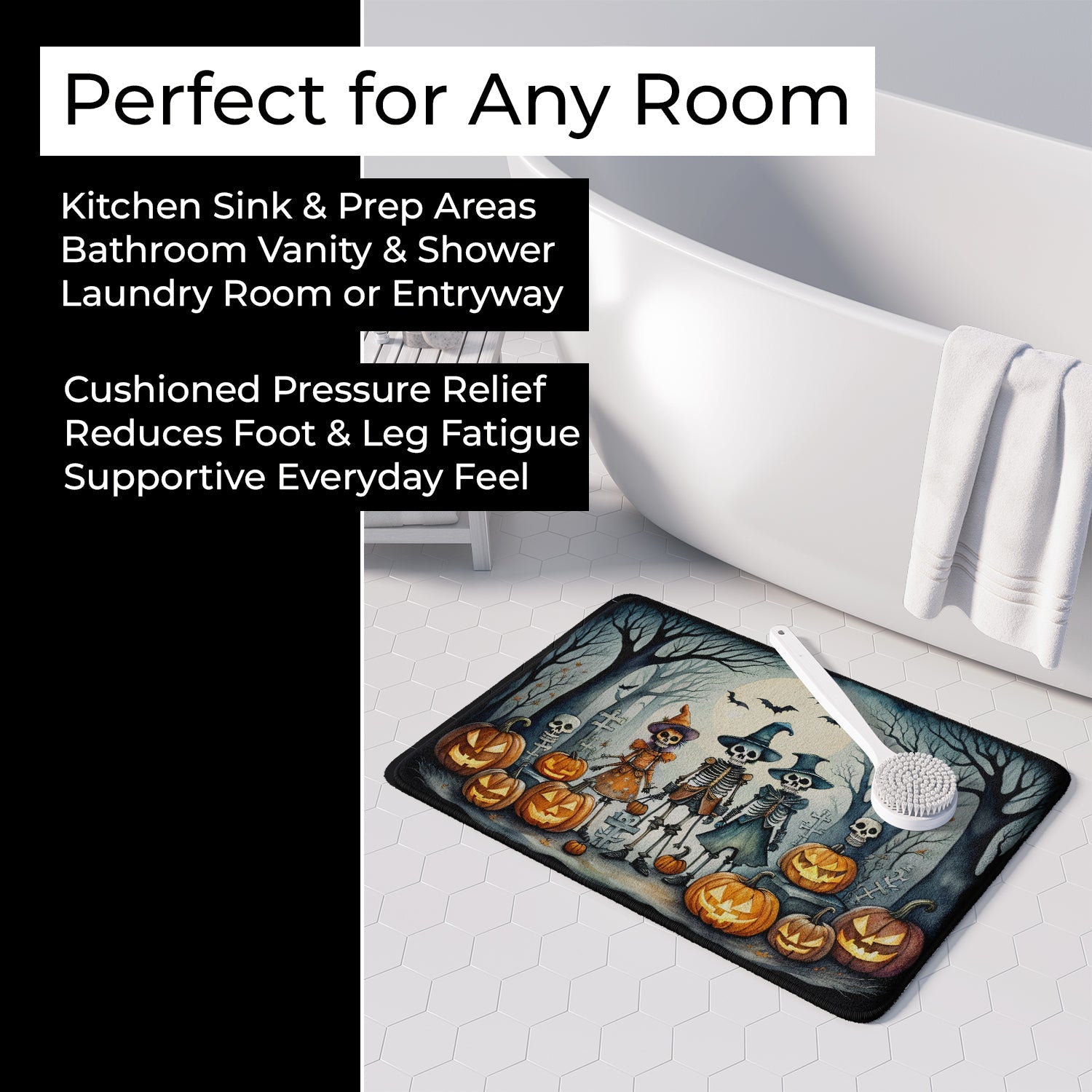 Calacas Skeletons Spooky Halloween Memory Foam Kitchen Mat Machine Washable Anti-Fatigue Cushion Comfort Bath or Kitchen Rug