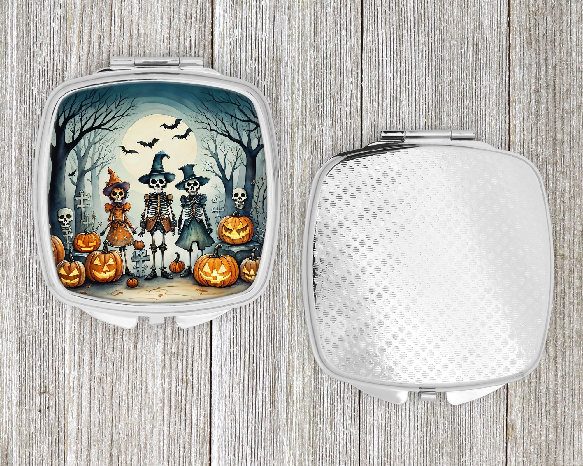 Calacas Skeletons Spooky Halloween Compact Mirror Decorative Travel Makeup Mirror for Women Girls Gifts Pocket Makeup Mirror Folding Handheld