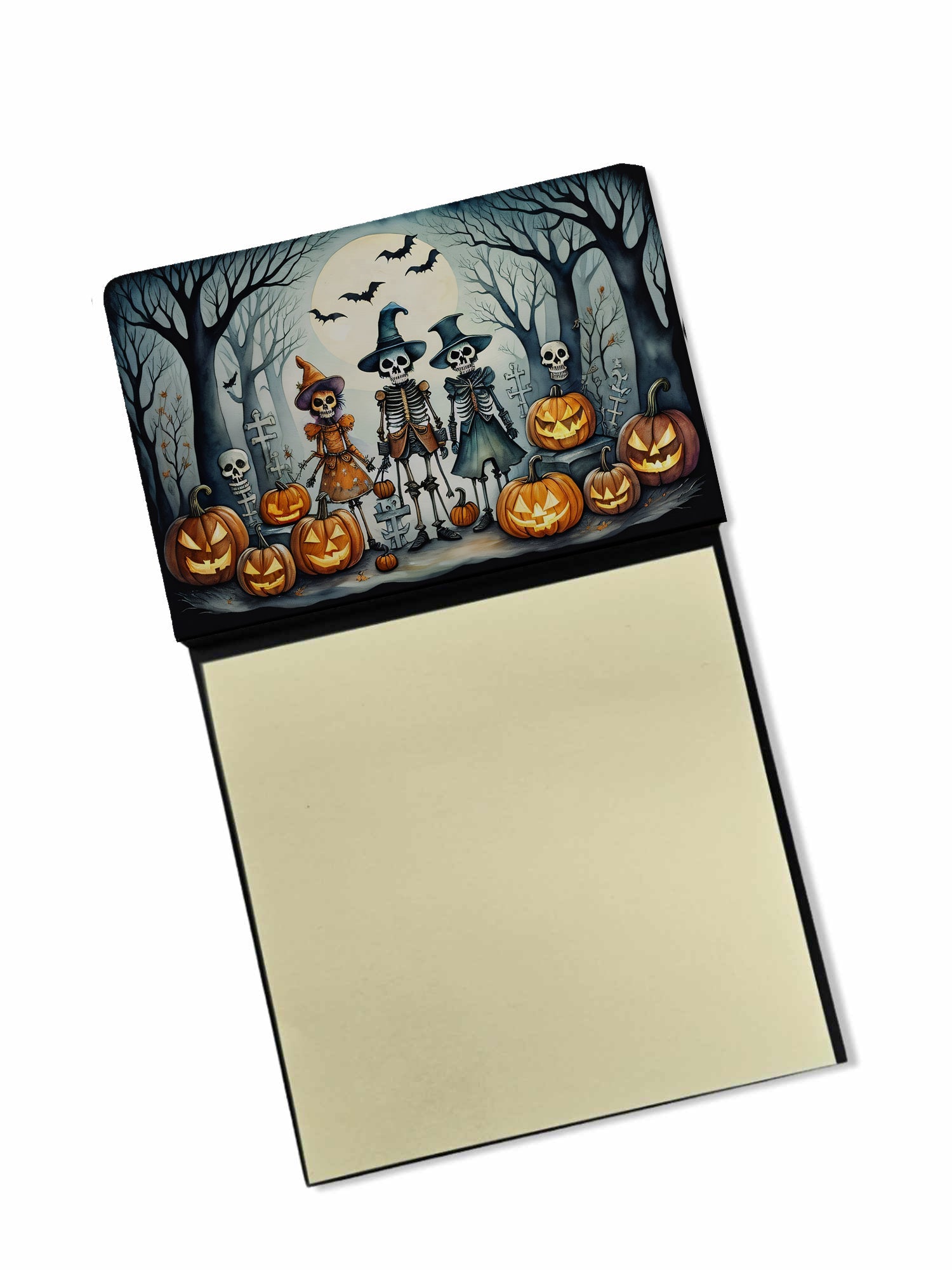 Calacas Skeletons Spooky Halloween Watercolor Sticky Note Holder Refillable Dispenser Desk Accessory 3x3 Pad Gift