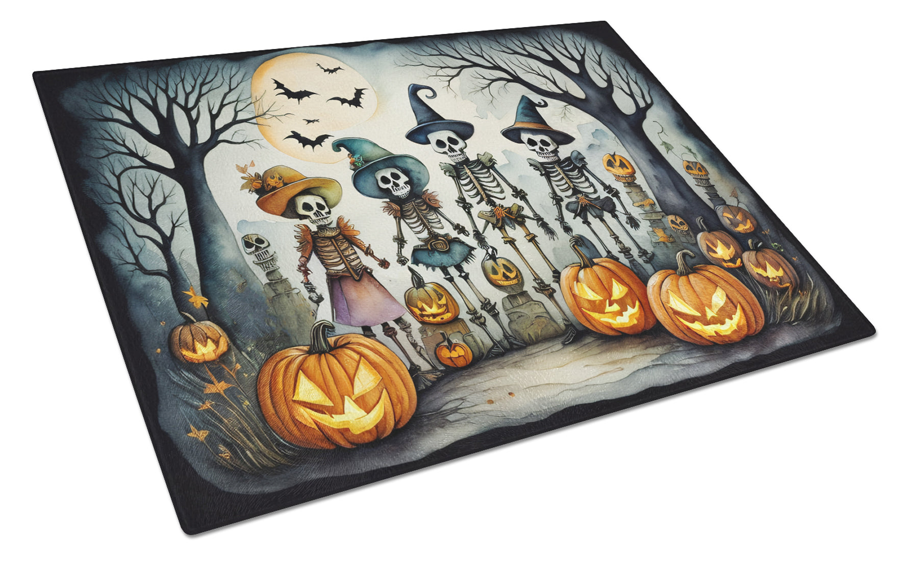 Calacas Skeletons Spooky Halloween Cutting Board Tempered Glass Kitchen Cutting Surface, Heat Resistant Chopping, Non-Slip Feet, Food Prep & Serving