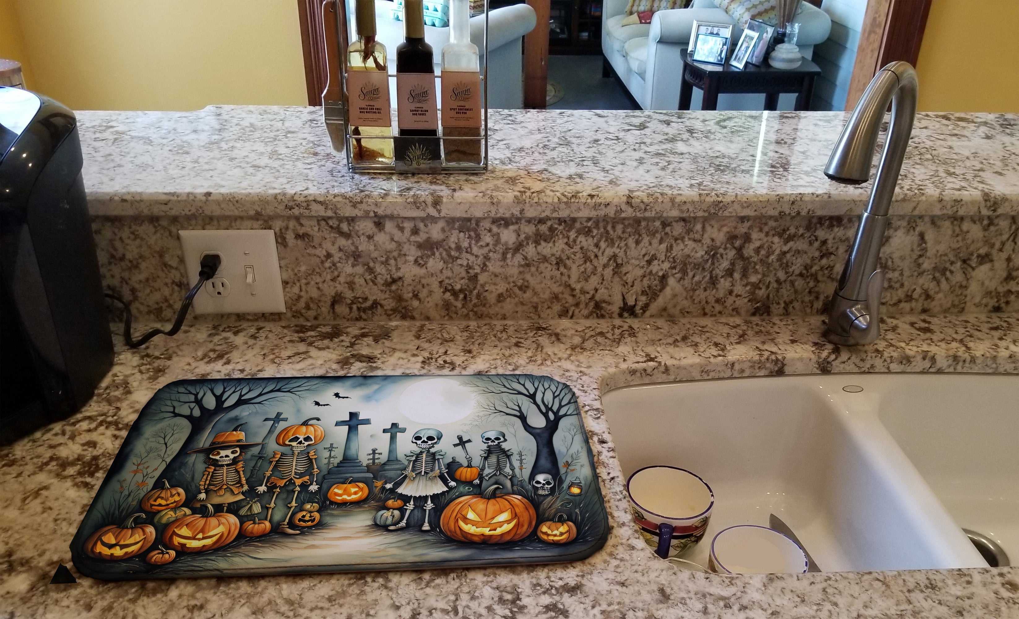 Calacas Skeletons Spooky Halloween Dish Drying Mat Absorbent Dish Drying Mat Pad for Kitchen Counter Dish Drainer Mat for Countertop, 14 x 21", Multicolor