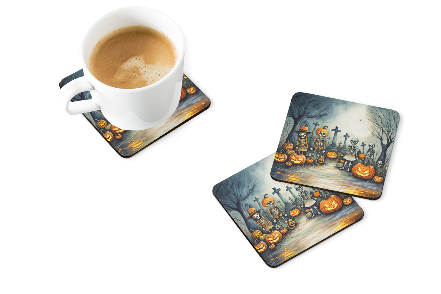 Calacas Skeletons Spooky Halloween Foam Coasters Set of 4 Cup Coasters for Indoor Outdoor, Tabletop Protection, Anti Slip, Mouse pad Material