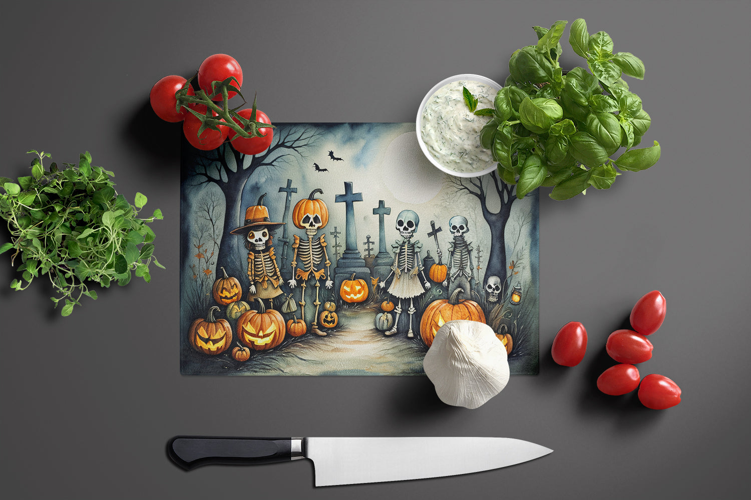 Calacas Skeletons Spooky Halloween Cutting Board Tempered Glass Kitchen Cutting Surface, Heat Resistant Chopping, Non-Slip Feet, Food Prep & Serving