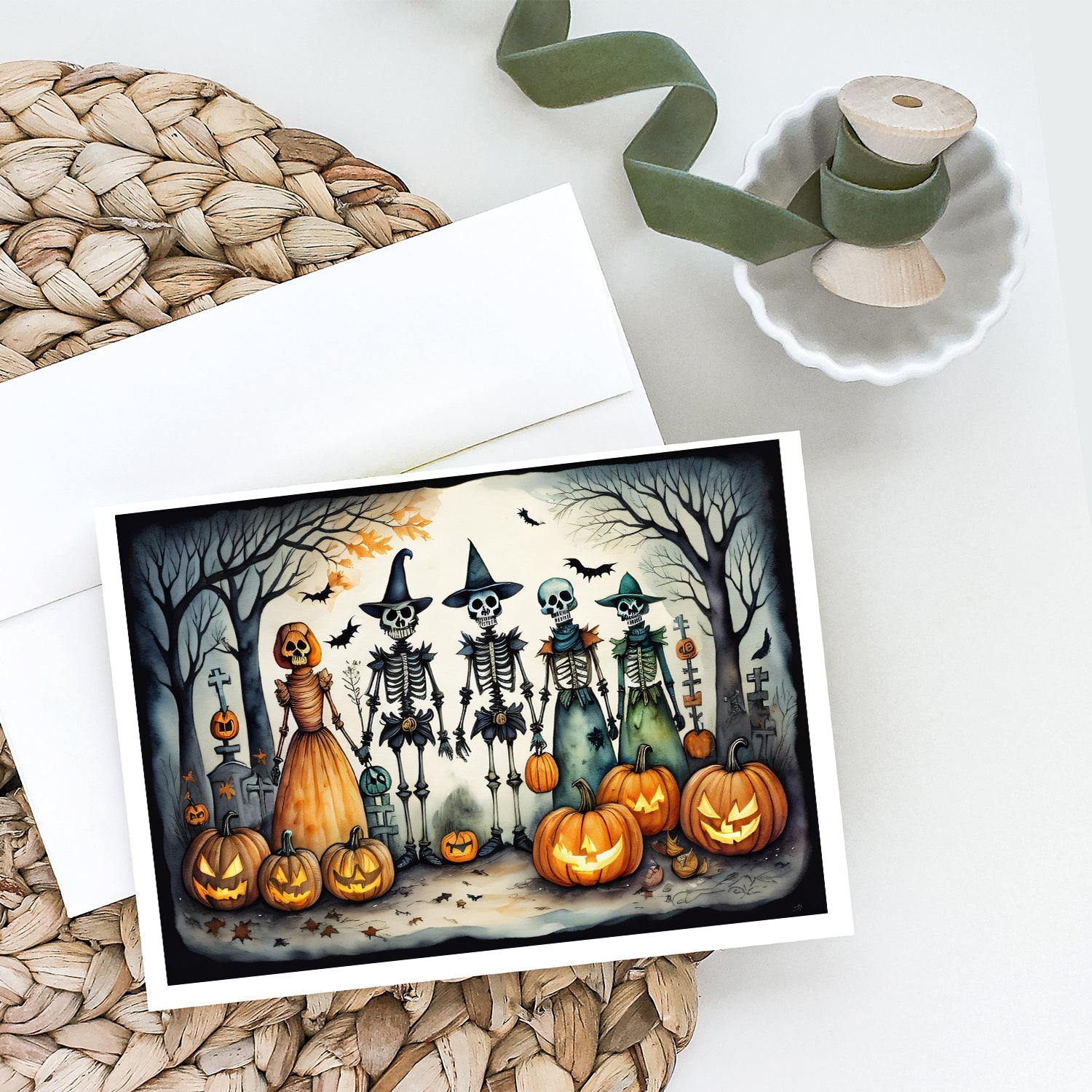 Calacas Skeletons Spooky Halloween Greeting Cards Pack of 8 Blank Cards with Envelopes Whimsical A7 Size 5x7