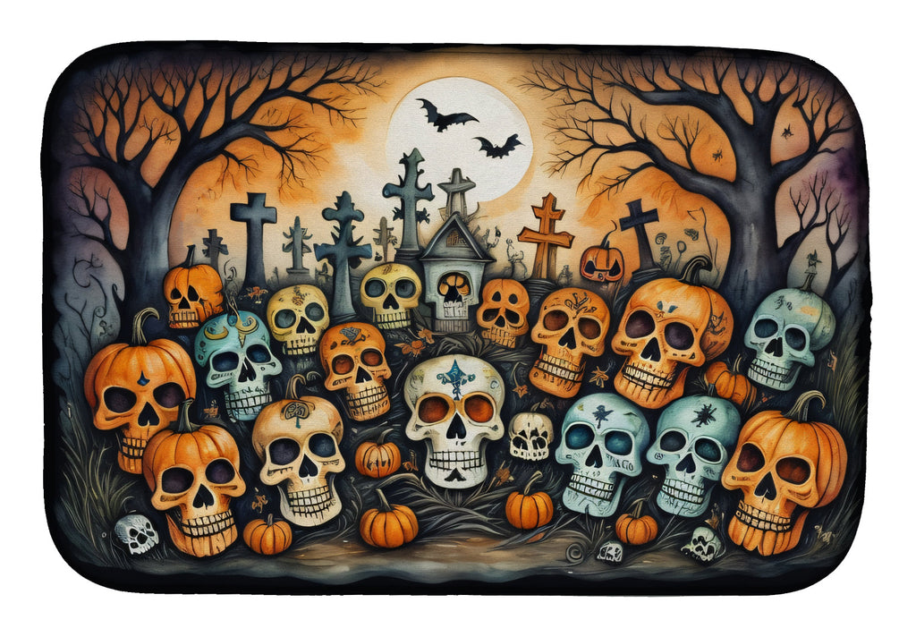 Calaveras Sugar Skulls Spooky Halloween Dish Drying Mat Absorbent Dish Drying Mat Pad for Kitchen Counter Dish Drainer Mat for Countertop, 14 x 21", Multicolor