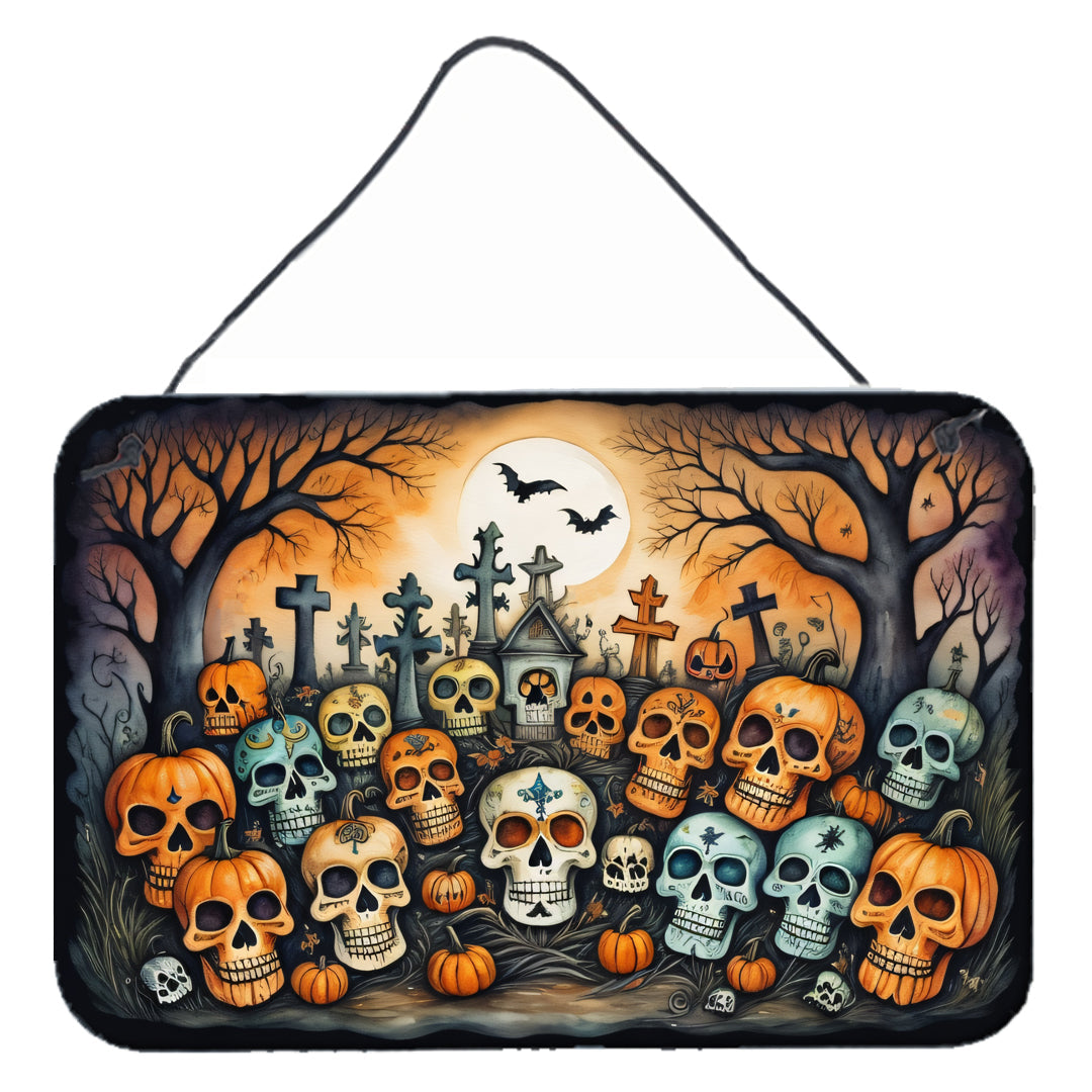 Calaveras Sugar Skulls Spooky Halloween Wall or Door Hanging Prints Aluminum Metal Sign Kitchen Wall Bar Bathroom Plaque Home Decor, 8HX12W, Multicolor