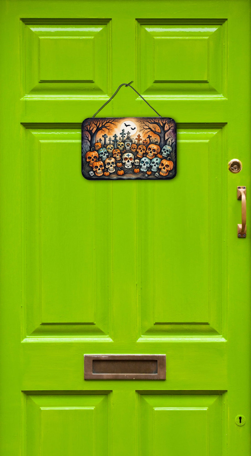 Calaveras Sugar Skulls Spooky Halloween Wall or Door Hanging Prints Aluminum Metal Sign Kitchen Wall Bar Bathroom Plaque Home Decor, 8HX12W, Multicolor