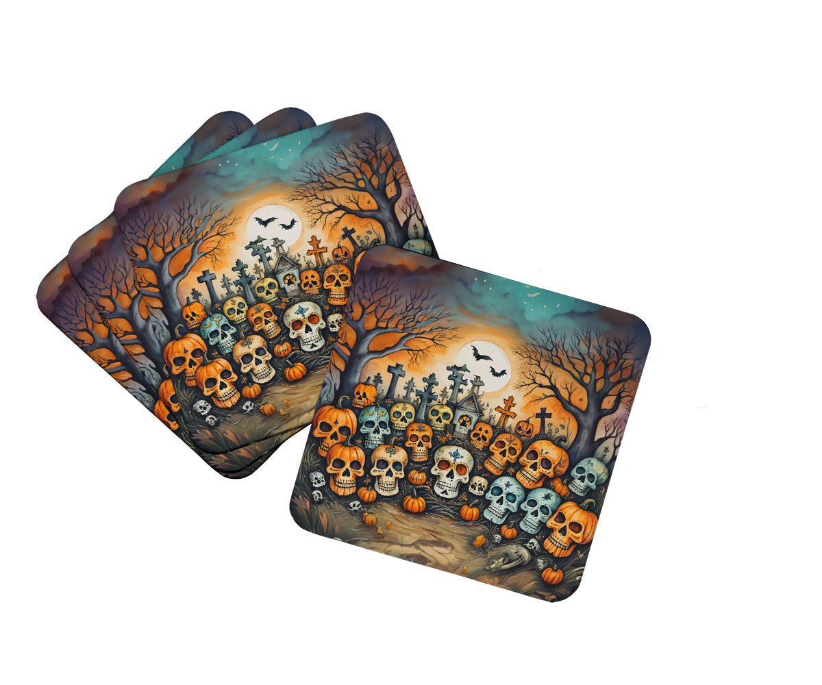 Calaveras Sugar Skulls Spooky Halloween Foam Coasters Set of 4 Cup Coasters for Indoor Outdoor, Tabletop Protection, Anti Slip, Mouse pad Material