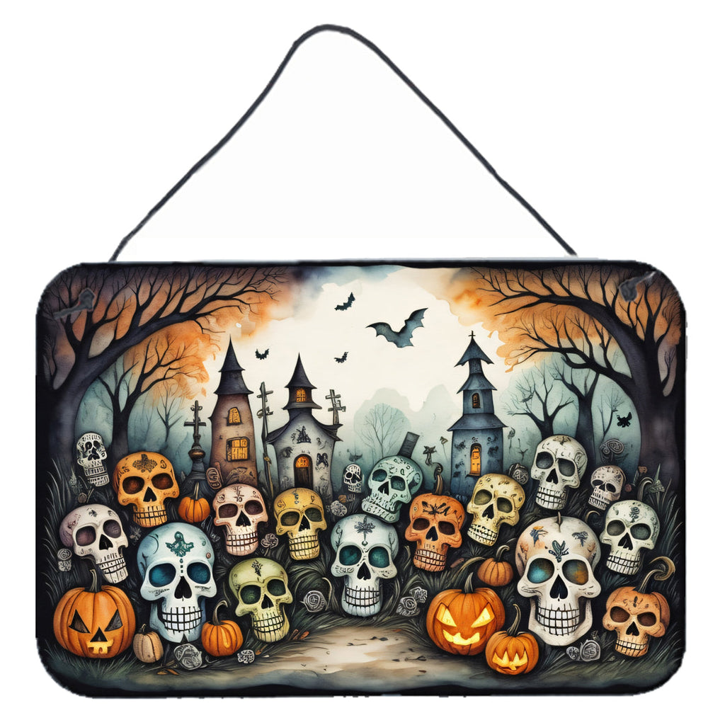 Calaveras Sugar Skulls Spooky Halloween Wall or Door Hanging Prints Aluminum Metal Sign Kitchen Wall Bar Bathroom Plaque Home Decor, 8HX12W, Multicolor